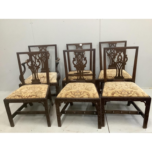 52 - A set of six George III mahogany blind fret carved dining chairs, one with arms. Condition - poor to... 