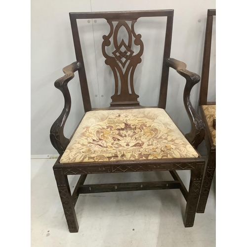 52 - A set of six George III mahogany blind fret carved dining chairs, one with arms. Condition - poor to... 