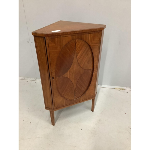 55 - A small Edwardian satinwood corner cabinet, width 48cm, depth 29cm, height 77cm. Condition - poor to... 