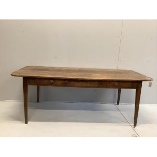 56 - A 19th century French rectangular fruitwood kitchen table, width 200cm, depth 88cm, height 72cm. Con... 