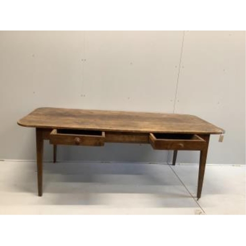 56 - A 19th century French rectangular fruitwood kitchen table, width 200cm, depth 88cm, height 72cm. Con... 