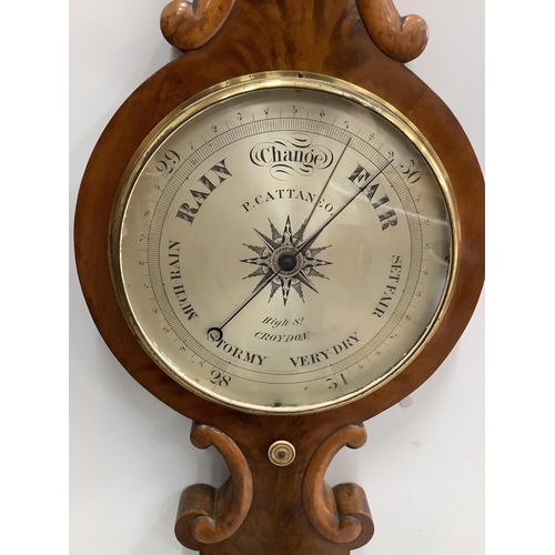 6 - P. Cattaneo, High Street, Croydon. An early Victorian flamed mahogany wheel barometer, height 114cm.... 