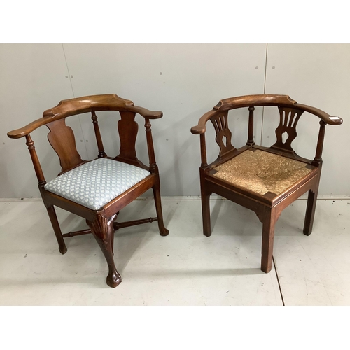 60 - A George III mahogany corner elbow chair, width 77cm and a rush seat corner elbow chair, width 71cm.... 