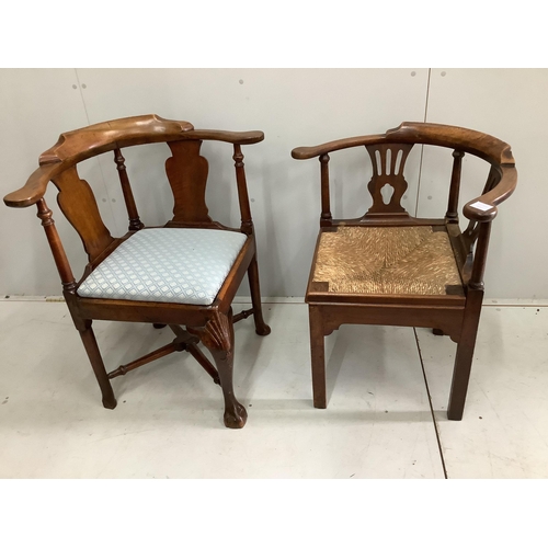 60 - A George III mahogany corner elbow chair, width 77cm and a rush seat corner elbow chair, width 71cm.... 