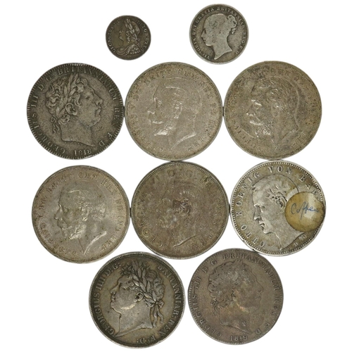 972 - British silver coins, George III to George VI, crowns comprising 1818, 1821, 1819, three x 1935, tog... 