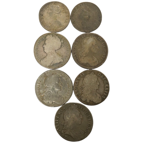 974A - British silver coins, Stuart period, two Charles II crowns, Charles II half crown, William III crown... 