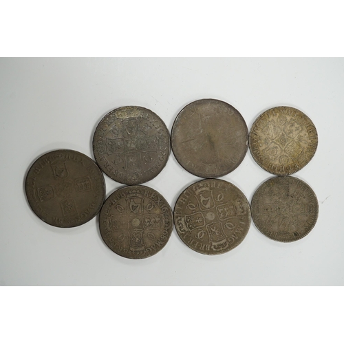 974A - British silver coins, Stuart period, two Charles II crowns, Charles II half crown, William III crown... 