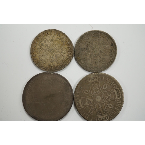 974A - British silver coins, Stuart period, two Charles II crowns, Charles II half crown, William III crown... 