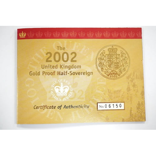 981 - British gold coins, QEII Royal Mint Golden Jubilee 2002 UK proof half sovereign, in case of issue wi... 