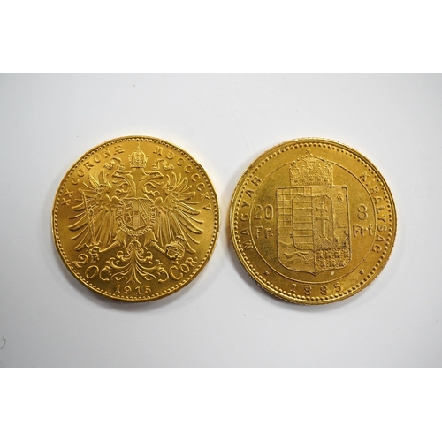 989 - Hungary/Austrian Empire gold coins, Francis Joseph I, 20 francs / 8 forint, 1885 KB, about EF and 20... 