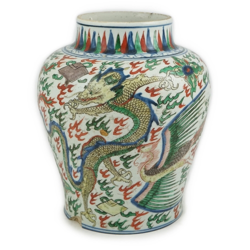 105 - A Chinese wucai dragon and phoenix baluster jar, Transitional, Shunzhi period (1644-1661), painted... 