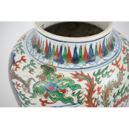 105 - A Chinese wucai dragon and phoenix baluster jar, Transitional, Shunzhi period (1644-1661), painted... 