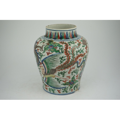 105 - A Chinese wucai dragon and phoenix baluster jar, Transitional, Shunzhi period (1644-1661), painted... 