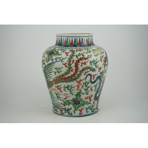 105 - A Chinese wucai dragon and phoenix baluster jar, Transitional, Shunzhi period (1644-1661), painted... 