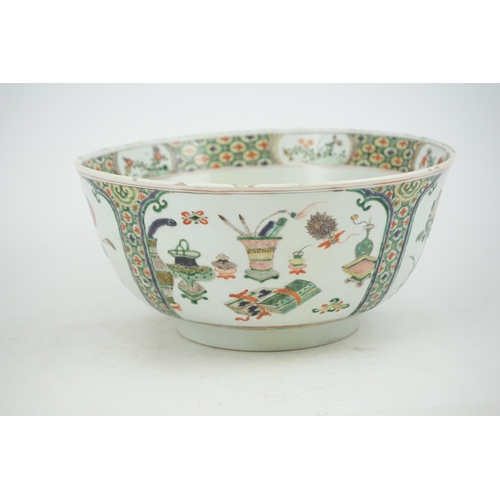 108 - A large Chinese famille verte bowl, Kangxi period (1662-1722), the panelled exterior painted with re... 