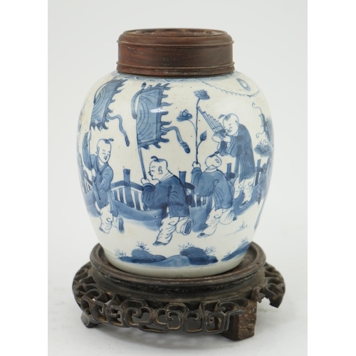 109 - A Chinese blue and white ovoid boys jar, Kangxi period, one boy riding a qilin, the others bearing... 