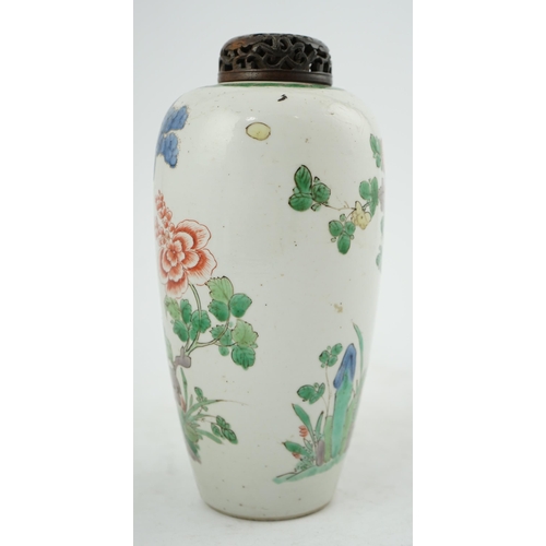 111 - A Chinese famille verte jar, Kangxi period, of elongated ovoid form, painted with flowering shrubs a... 