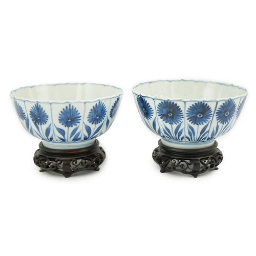 112 - A pair of Chinese blue and white Astor bowls, Kangxi period, each with a petal lobed rim the panel... 