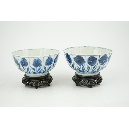 112 - A pair of Chinese blue and white Astor bowls, Kangxi period, each with a petal lobed rim the panel... 