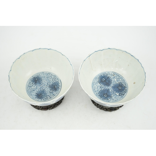 112 - A pair of Chinese blue and white Astor bowls, Kangxi period, each with a petal lobed rim the panel... 