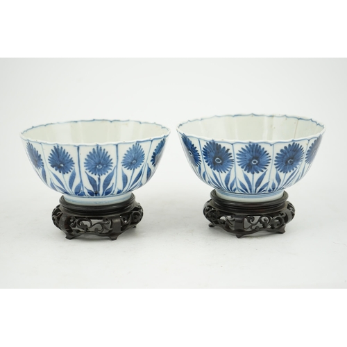 112 - A pair of Chinese blue and white Astor bowls, Kangxi period, each with a petal lobed rim the panel... 