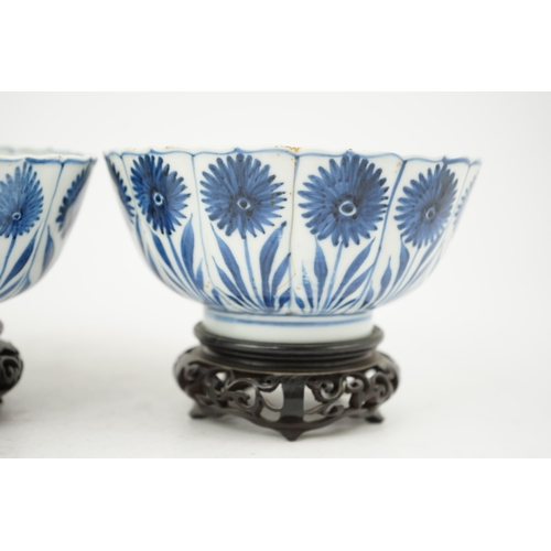 112 - A pair of Chinese blue and white Astor bowls, Kangxi period, each with a petal lobed rim the panel... 