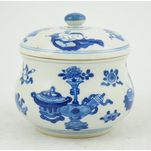 119 - A Chinese blue and white precious objects censer and cover, Kangxi period (1662-1722), of bombé fo... 