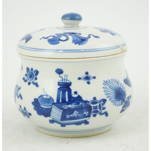 119 - A Chinese blue and white precious objects censer and cover, Kangxi period (1662-1722), of bombé fo... 