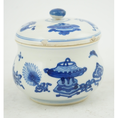 119 - A Chinese blue and white precious objects censer and cover, Kangxi period (1662-1722), of bombé fo... 