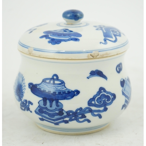 119 - A Chinese blue and white precious objects censer and cover, Kangxi period (1662-1722), of bombé fo... 