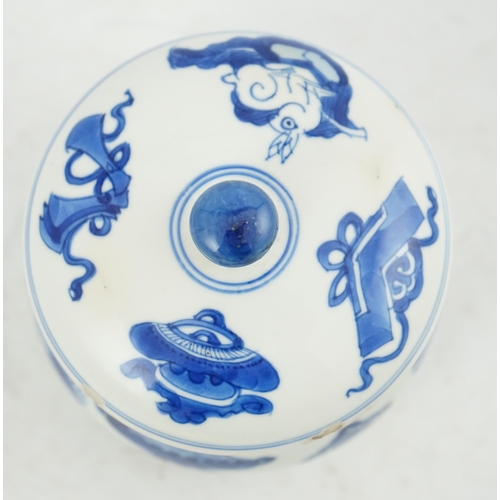 119 - A Chinese blue and white precious objects censer and cover, Kangxi period (1662-1722), of bombé fo... 