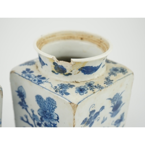 123 - A pair of Chinese blue and white square section vases, Kangxi period, each side variously painted wi... 