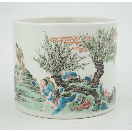 125 - An unusual Chinese famille rose fishermen brushpot, bitong, Yongzheng period (1723-35), painted wi... 