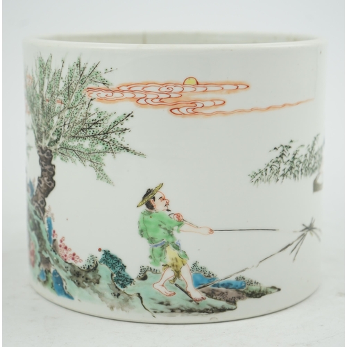 125 - An unusual Chinese famille rose fishermen brushpot, bitong, Yongzheng period (1723-35), painted wi... 