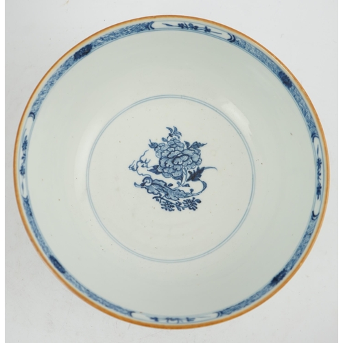 126 - A Chinese blue and white bowl, Yongzheng/Qianlong period, the exterior painted with trees, bamboo, f... 