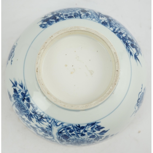 126 - A Chinese blue and white bowl, Yongzheng/Qianlong period, the exterior painted with trees, bamboo, f... 