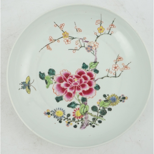 127 - A Chinese famille rose peony and prunus saucer dish, Yongzheng mark and period (1723-35), finely p... 