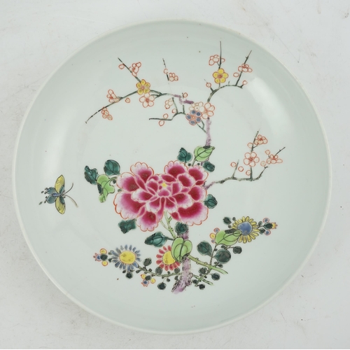 127 - A Chinese famille rose peony and prunus saucer dish, Yongzheng mark and period (1723-35), finely p... 