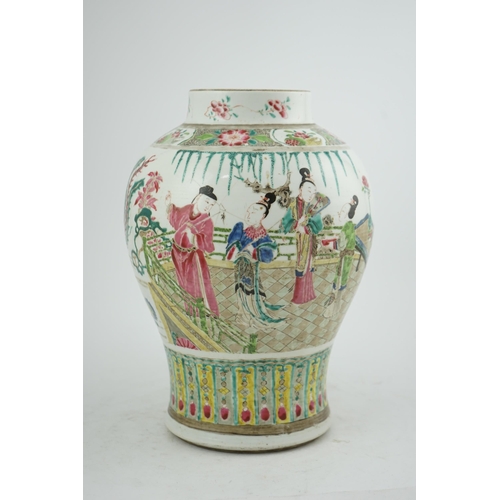 131 - A Chinese famille rose baluster vase, Yongzheng period (1723-35), finely painted with a scholar, two... 