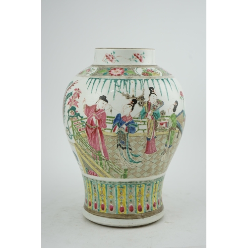 131 - A Chinese famille rose baluster vase, Yongzheng period (1723-35), finely painted with a scholar, two... 