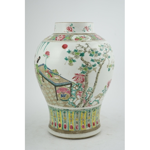 131 - A Chinese famille rose baluster vase, Yongzheng period (1723-35), finely painted with a scholar, two... 