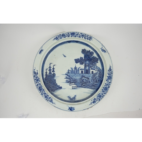 139 - An unusual Chinese European subject blue and white shallow basin, Qianlong period, painted with a ma... 