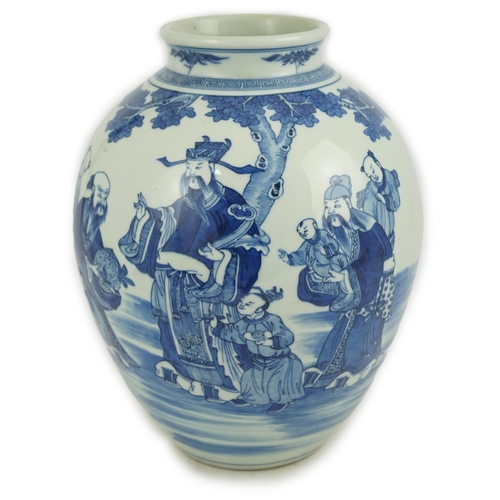 143 - A Chinese blue and white 'Sanxing' ovoid vase, Qianlong period, painted in vibrant blue with the thr... 