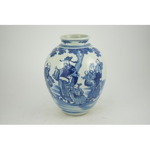 143 - A Chinese blue and white 'Sanxing' ovoid vase, Qianlong period, painted in vibrant blue with the thr... 