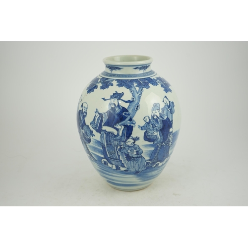 143 - A Chinese blue and white 'Sanxing' ovoid vase, Qianlong period, painted in vibrant blue with the thr... 