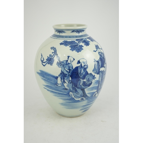 143 - A Chinese blue and white 'Sanxing' ovoid vase, Qianlong period, painted in vibrant blue with the thr... 