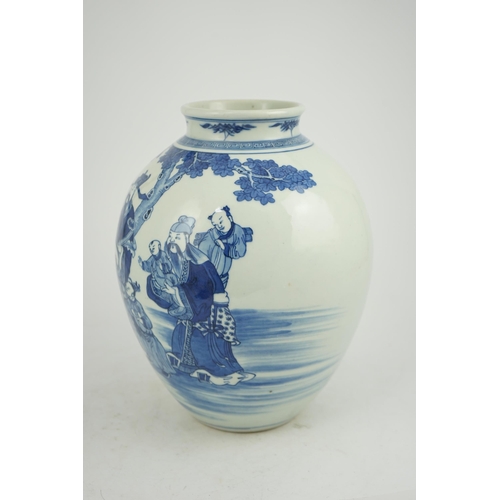 143 - A Chinese blue and white 'Sanxing' ovoid vase, Qianlong period, painted in vibrant blue with the thr... 