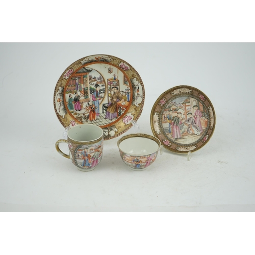 144 - A Chinese mandarin pattern tea bowl, coffee cup and saucer, Qianlong period, each piece finely pai... 