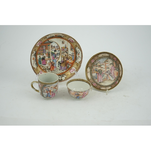 144 - A Chinese mandarin pattern tea bowl, coffee cup and saucer, Qianlong period, each piece finely pai... 