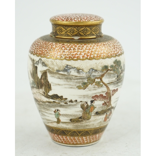 15 - A Japanese Satsuma ovoid jar and cover, by Kinkozan, Meiji period, painted with figures in a continu... 